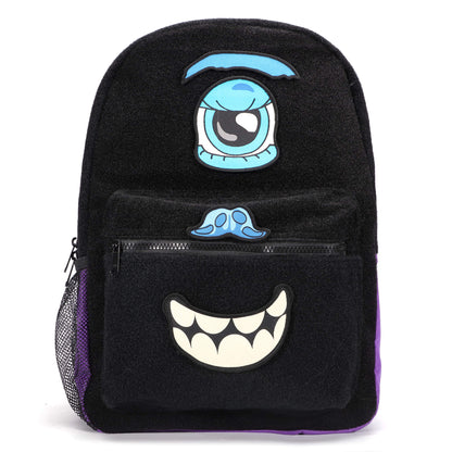 A backpack for kids with a fun and friendly monster character design, featuring multiple pockets for easy storage and a padded back for comfort.