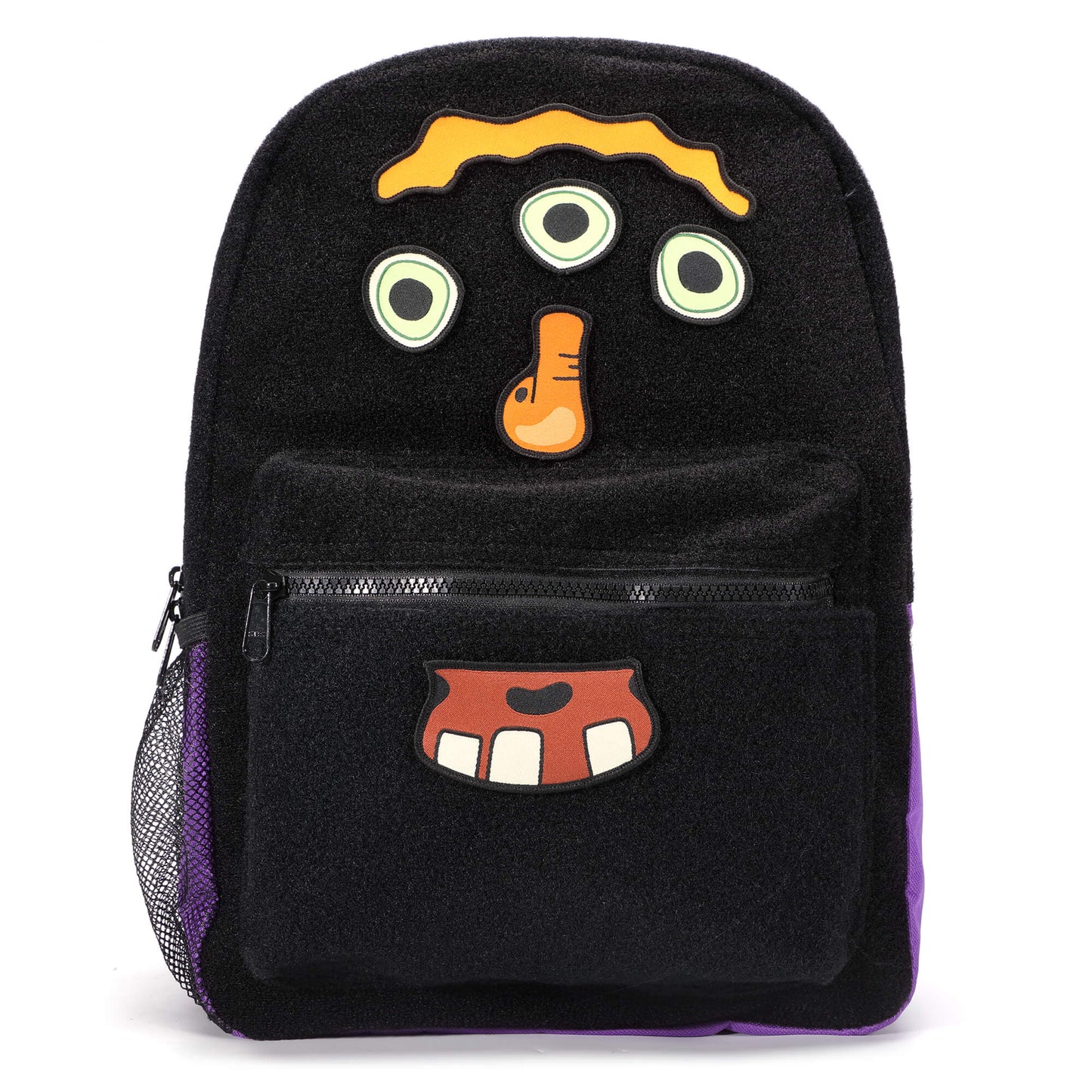 A backpack for kids with a playful and cute monster character design, featuring multiple pockets and a padded back for comfort.