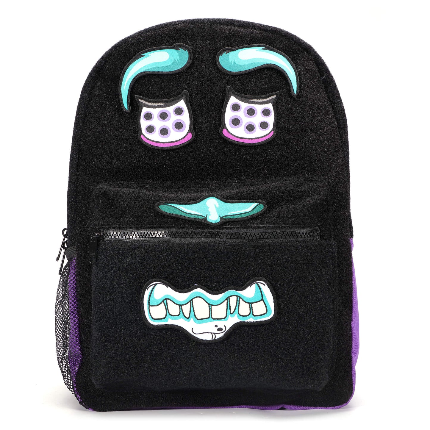 A backpack for kids with a playful and happy monster character design, featuring multiple pockets and a comfortable padded back.