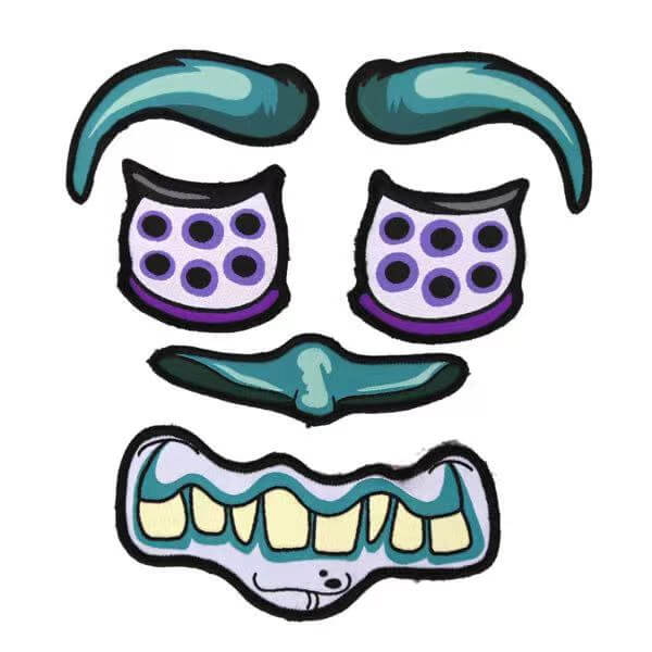 An image of a set of green and purple monster-themed hook and loop faces, designed for use with kids backpacks for creative play and customization. The faces feature colorful and playful monster characters with different expressions